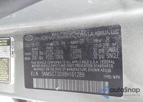 2008 Hyundai Santa Fe Gls from USA, damaged, VIN 5NMSG73D98H161289